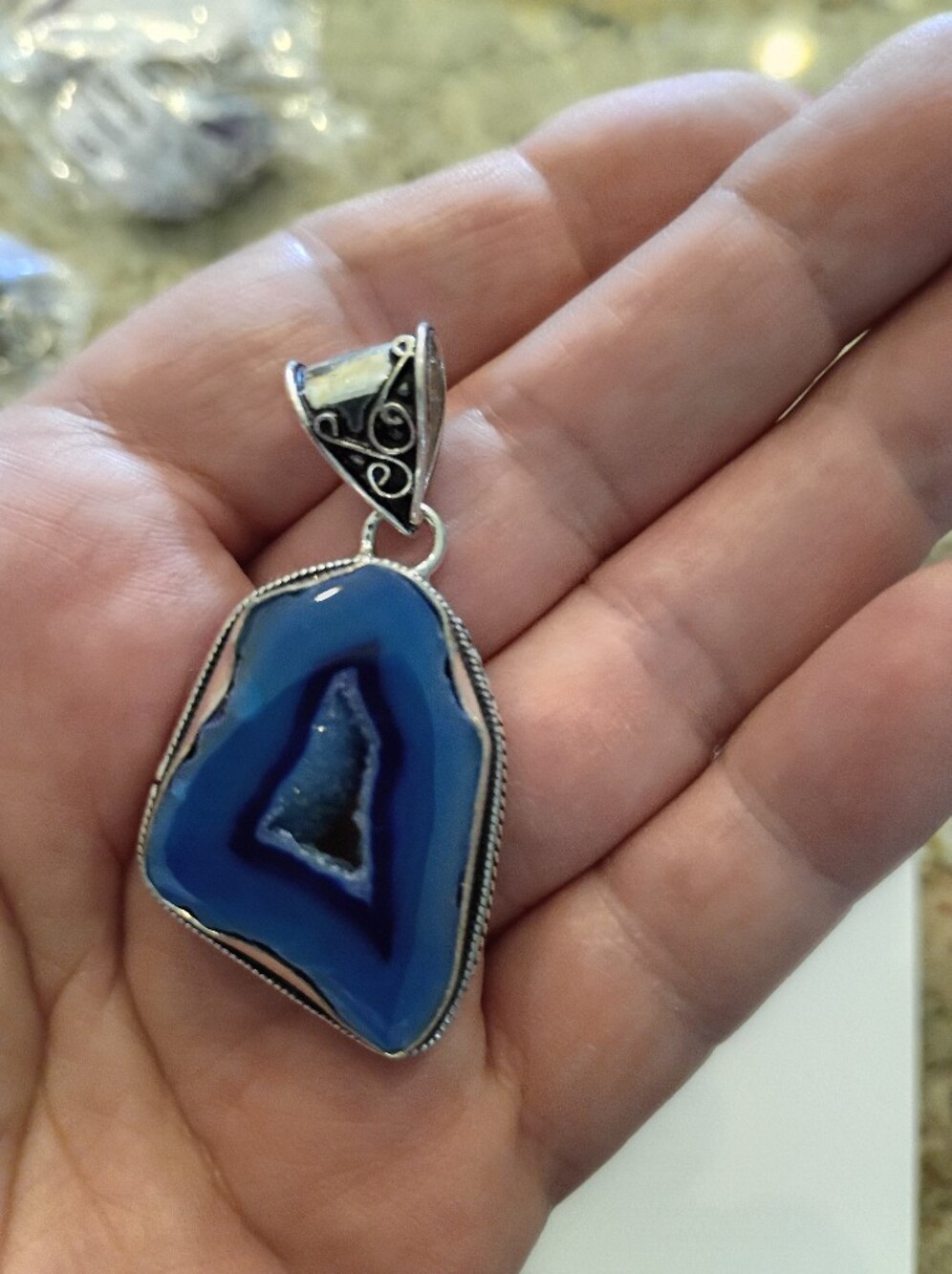 Real Blue Druzy Agate Slice Pendant Necklace in Silver Accent BEAUTIFUL!